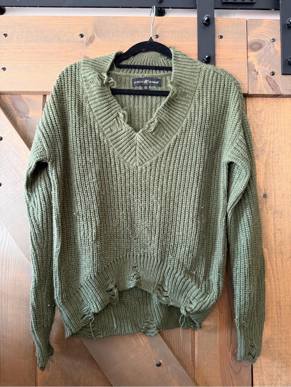 Almost Famous Olive Distressed V-Neck Pullover Sweater